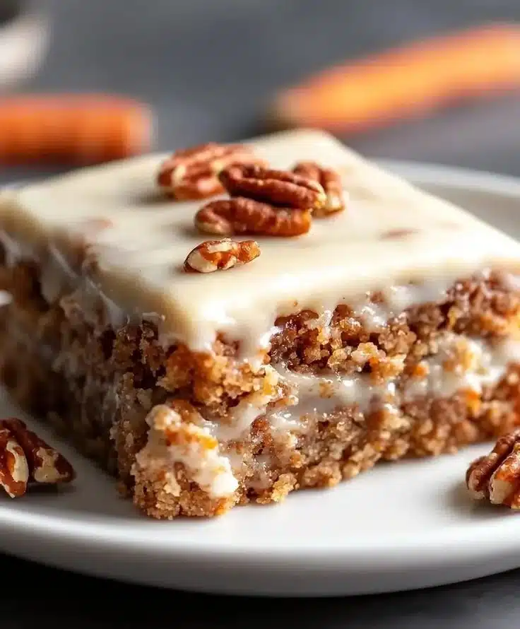 Carrot Cake Oatmeal Bake 1 Carrot Cake Oatmeal Bake served in a dish with frosting and garnished with nuts