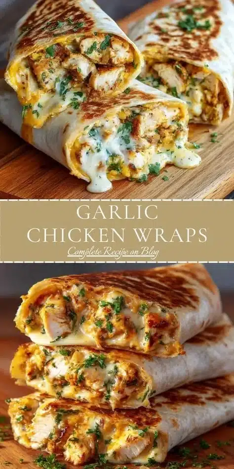 Cheesy Garlic Chicken Wraps 2 Cheesy garlic chicken wraps served on a plate with fresh vegetables.
