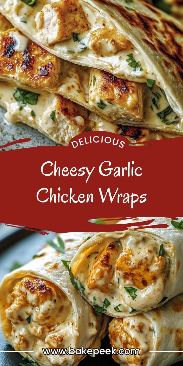 Cheesy garlic chicken wraps filled with tender chicken and melted cheese