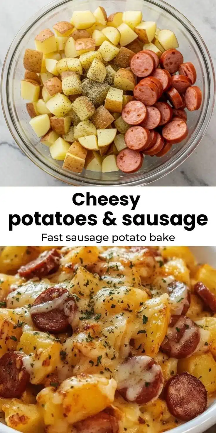 Cheesy Ranch Potatoes with Smoked Sausage 1 Cheesy Ranch Potatoes topped with melted cheese and smoked sausage in a casserole dish.