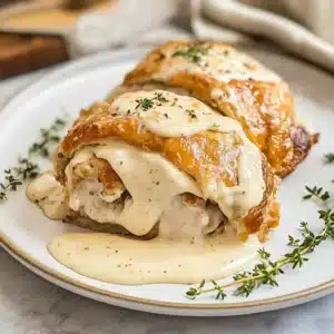 Delicious Chicken Wellington with Dijon cream sauce served on a plate
