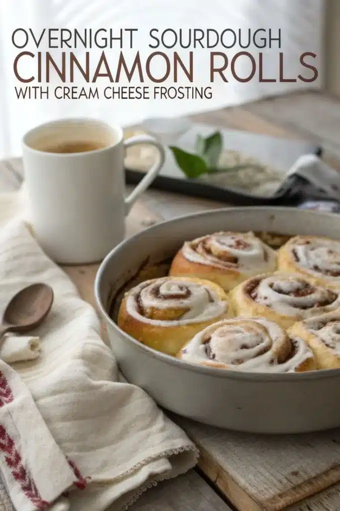 Freshly baked cinnamon sourdough rolls with cream cheese frosting on top.
