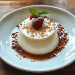 Delicious Coconut Panna Cotta served with fresh coconut shavings and fruit