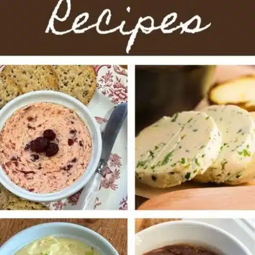 Variety of compound butters with herbs and spices on a wooden cutting board.
