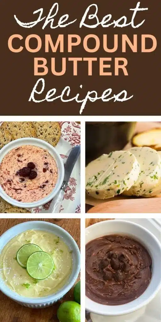 Variety of compound butters with herbs and spices on a wooden cutting board.