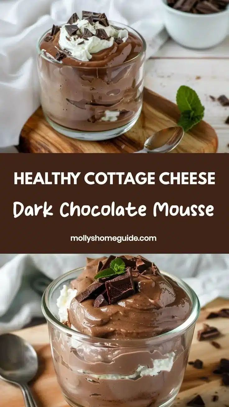 Creamy cottage cheese dark chocolate mousse in a bowl with chocolate shavings on top.