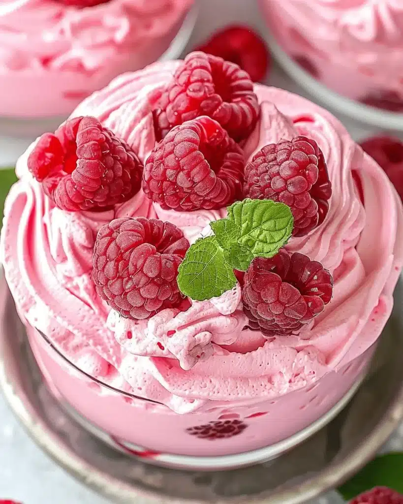 Delicious Cottage Cheese Raspberry Mousse dessert served in a bowl.