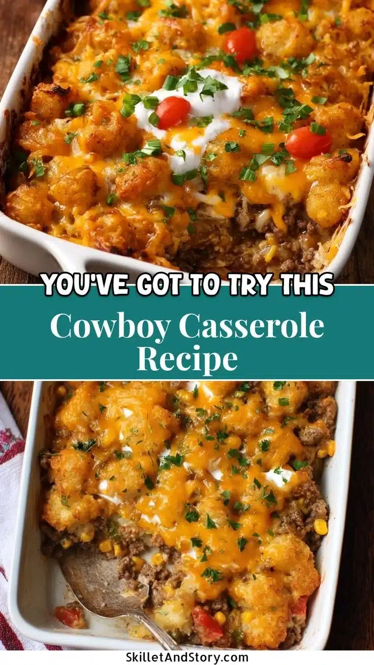 Delicious Cowboy Casserole topped with cornbread and surrounded by beef and beans.