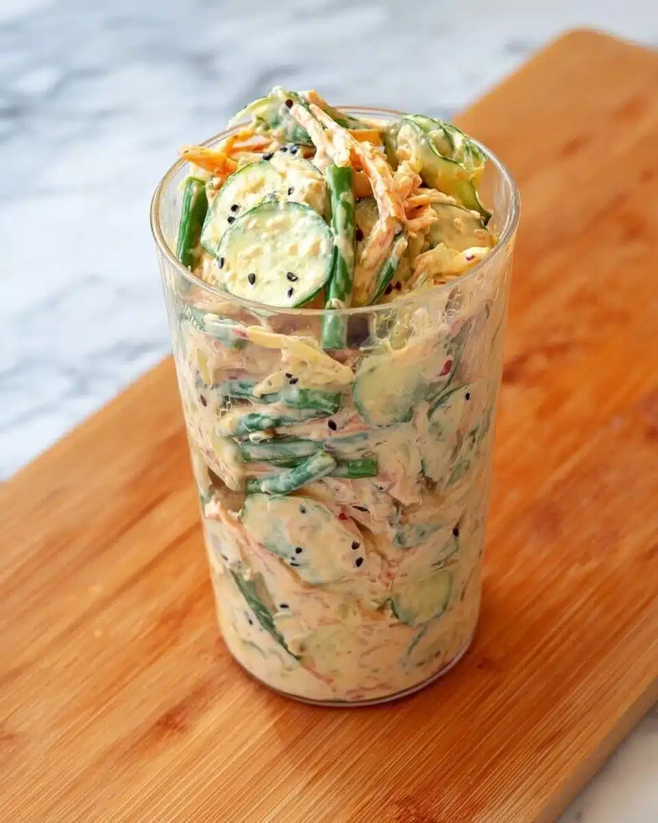 Creamy Asian Cucumber Salad Bowl Recipe 1 Delicious creamy Asian cucumber salad bowl topped with fresh veggies.