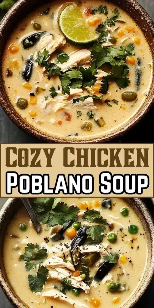 Bowl of creamy Chicken Poblano Soup topped with fresh herbs