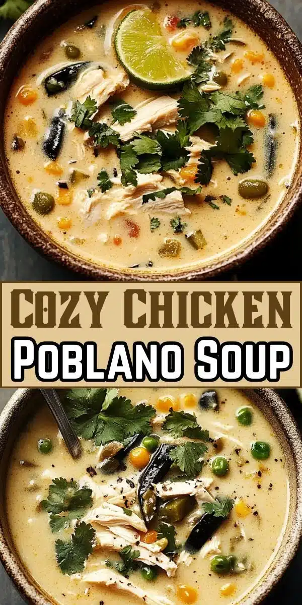 Bowl of creamy Chicken Poblano Soup topped with fresh herbs