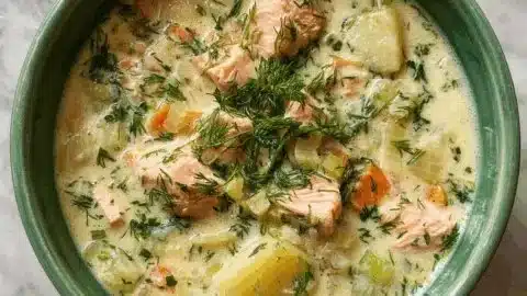 Creamy Dill Salmon Soup with Potatoes and Leeks 2 Creamy dill salmon soup with potatoes and leeks in a bowl