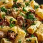Creamy Italian sausage rigatoni topped with fresh herbs in a bowl