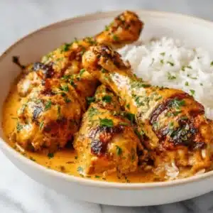 Creamy paprika chicken drumsticks with rice served on a plate