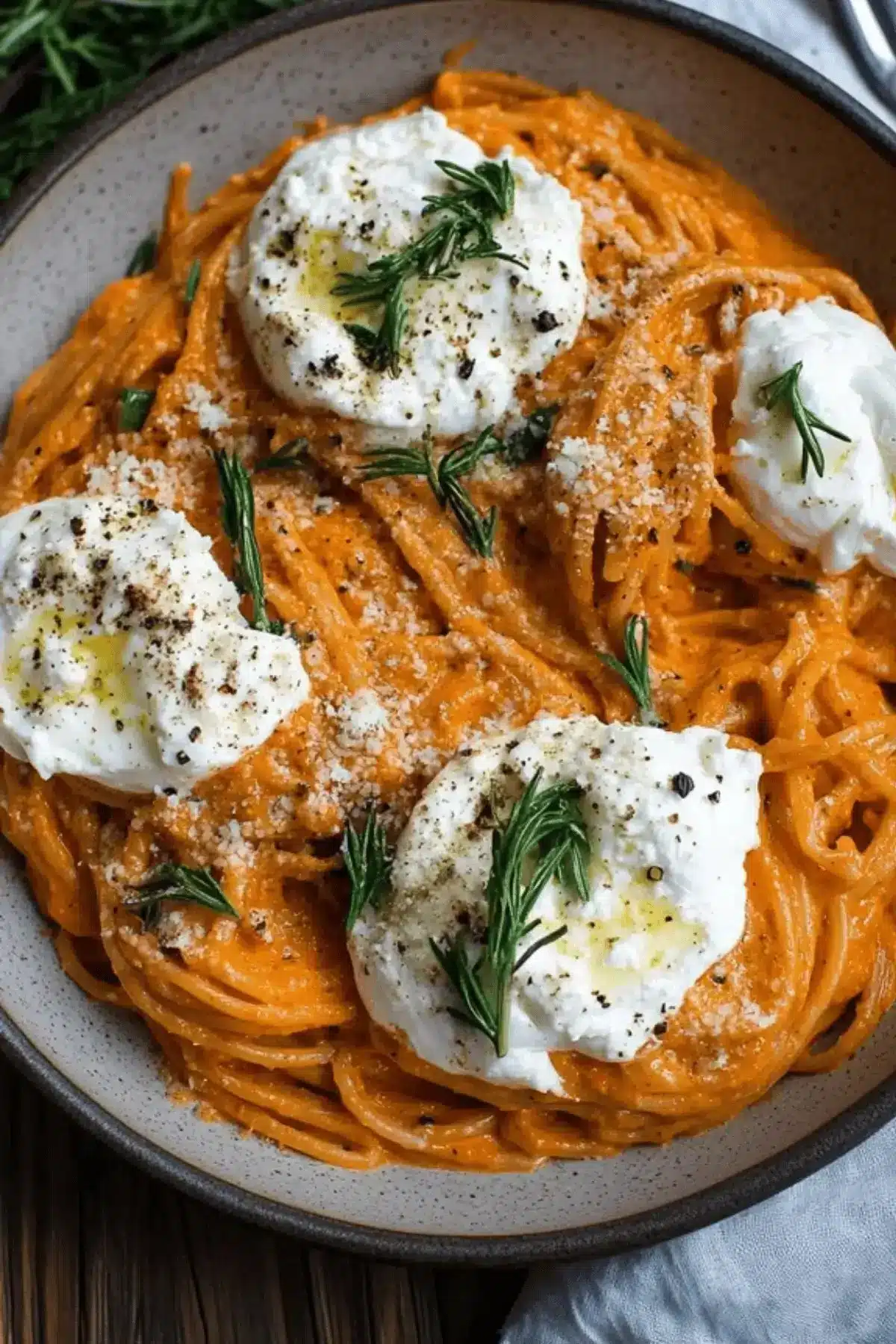 Creamy red pepper pasta with burrata and herbs served in a bowl