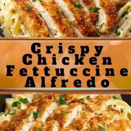 Crispy Chicken Fettuccine Alfredo 2 Plate of Crispy Chicken Fettuccine Alfredo with fresh herbs and parmesan cheese