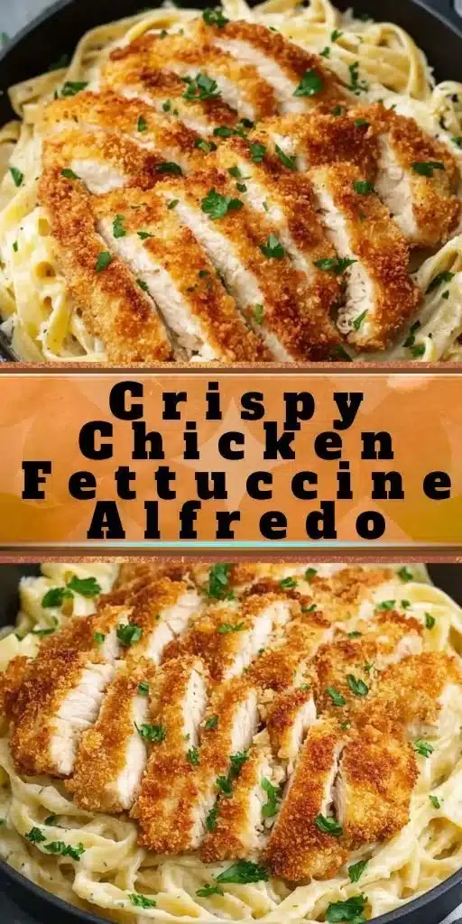 Plate of Crispy Chicken Fettuccine Alfredo with fresh herbs and parmesan cheese