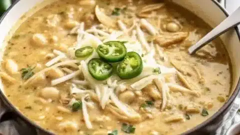 Delicious Crockpot White Chicken Chili in a bowl with toppings
