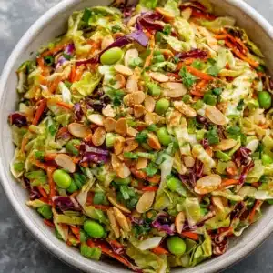 Crunchy cabbage salad with edamame and sesame ginger dressing