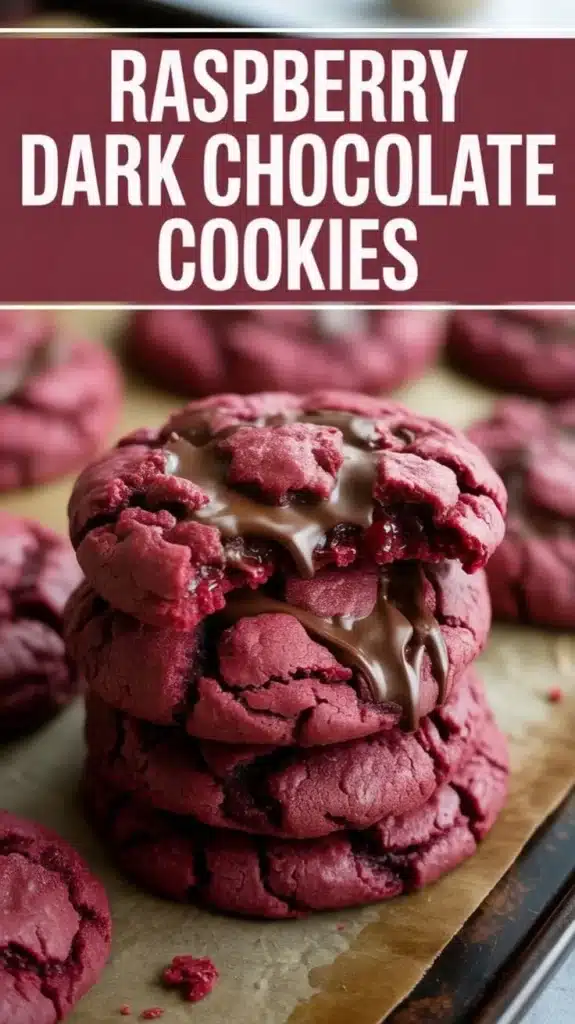 Dark chocolate raspberry cookies on a plate, featuring rich chocolate and fresh raspberries.