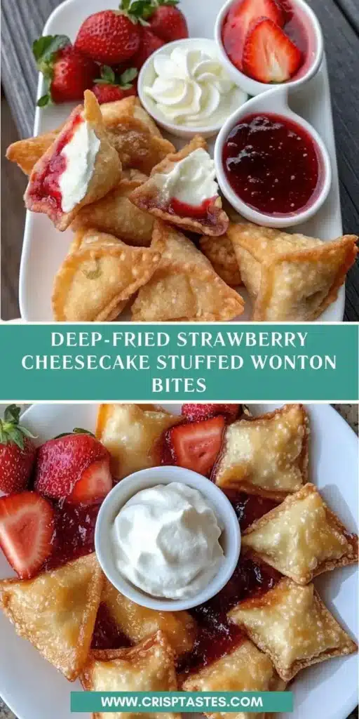 Deep-fried strawberry cheesecake stuffed wonton bites on a plate