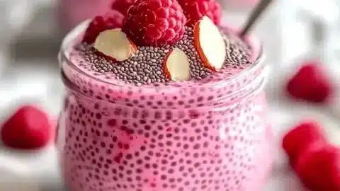 Delightful Raspberry Chia Pudding for a Wholesome Breakfast 2 Delicious raspberry chia pudding served in a bowl, perfect for breakfast.