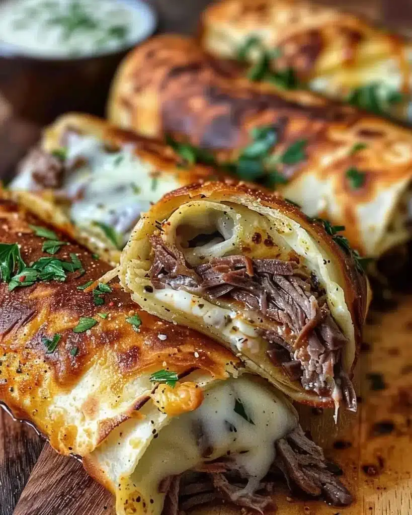 French Dip Tortilla Roll Ups served with au jus for dipping