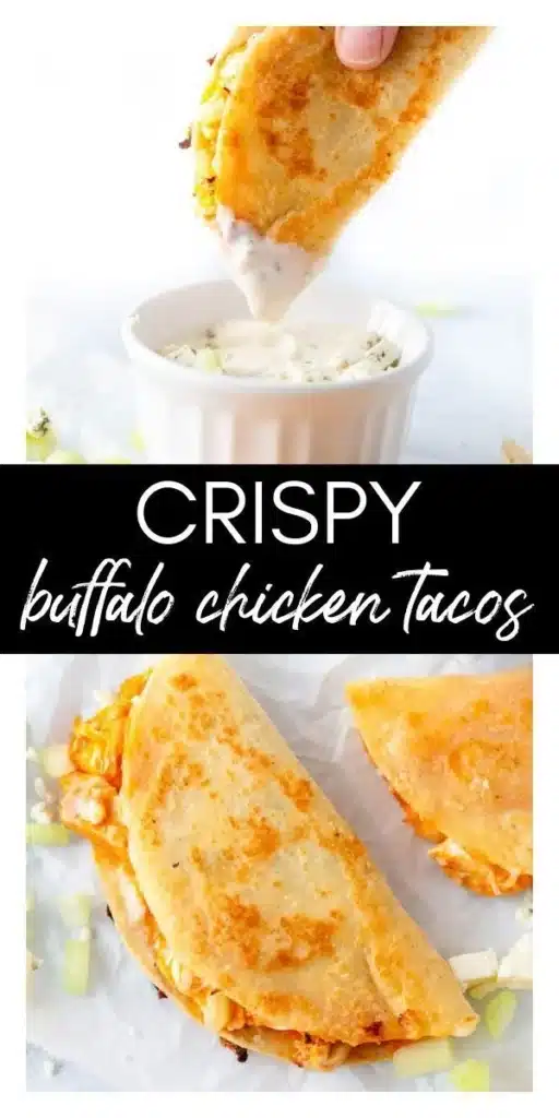 Delicious fried buffalo chicken tacos topped with ranch sauce and fresh ingredients.