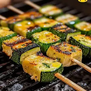 Garlic Butter Zucchini Skewers on a grill, a delicious vegetable dish.