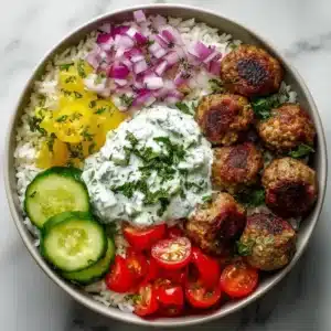 Greek Meatball Bowl with Tzatziki, Rice & Fresh Veggies Recipe 2 Greek Meatball Bowl topped with Tzatziki, rice, and colorful fresh veggies