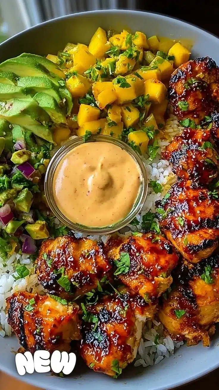 Grilled Maple Sriracha Chicken Bites with Coconut Rice & Mango Avocado Salsa Bowl with Chili Mayo 1 Grilled maple sriracha chicken bites with coconut rice and mango avocado salsa