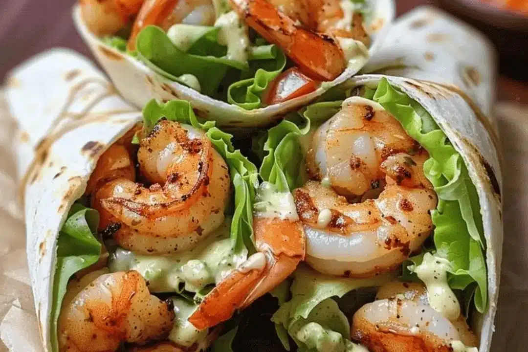 Grilled Shrimp Caesar Wraps 1 Delicious grilled shrimp caesar wraps served on a plate