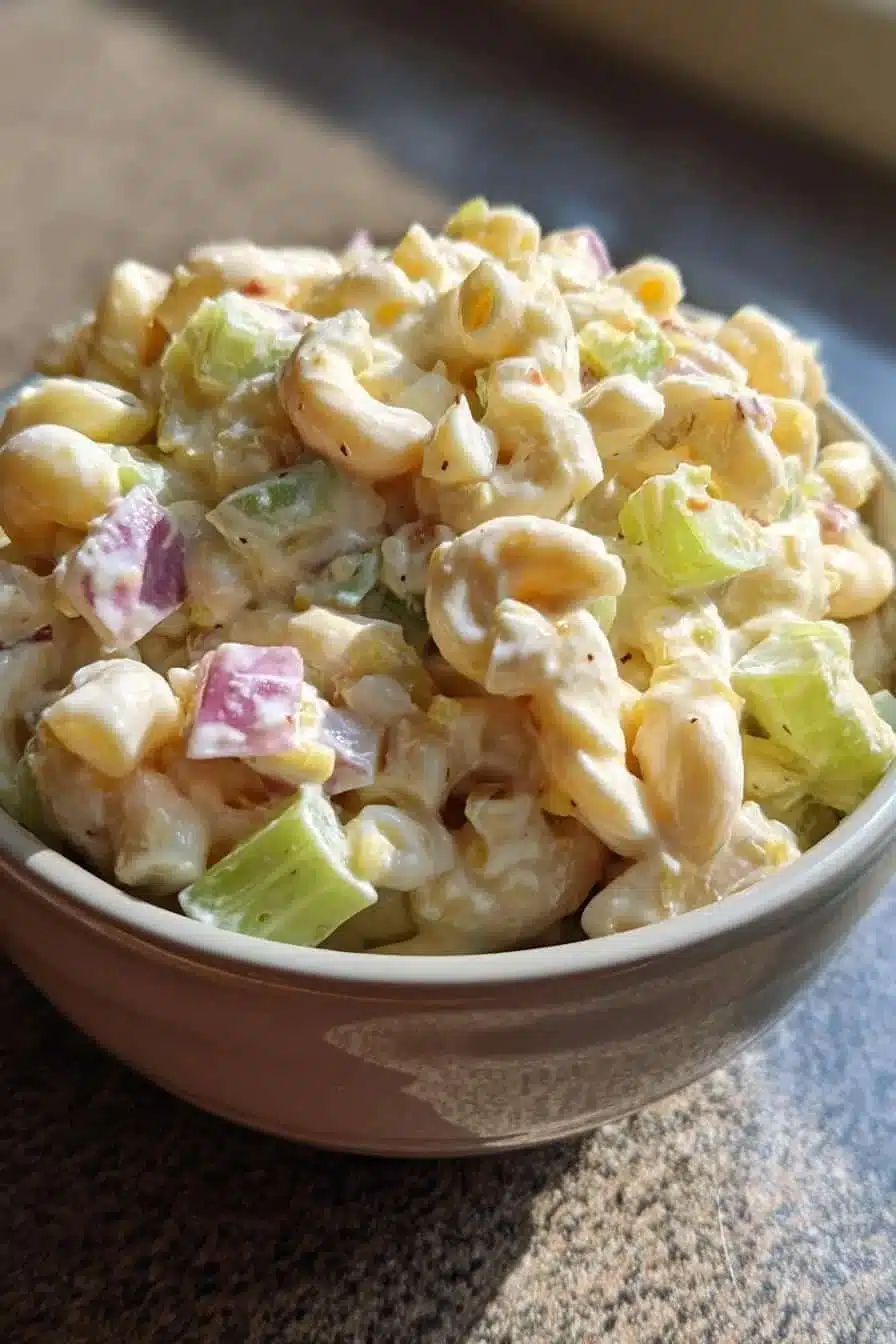 Guy Fieri Macaroni Salad 1 Delicious Guy Fieri macaroni salad served in a bowl with colorful ingredients.