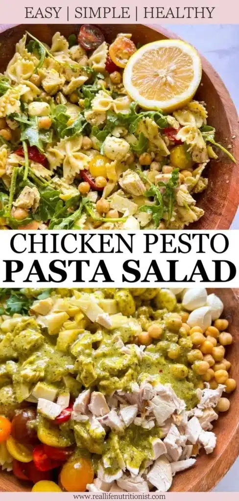 A bowl of healthy chicken pesto pasta salad with fresh vegetables and herbs.