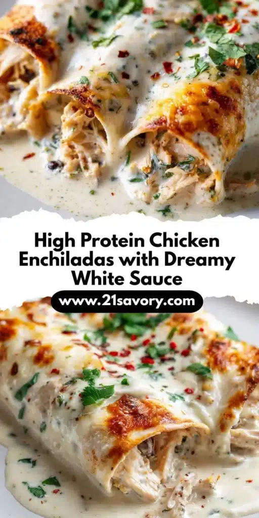 Delicious high protein chicken enchiladas topped with cheese and sauce