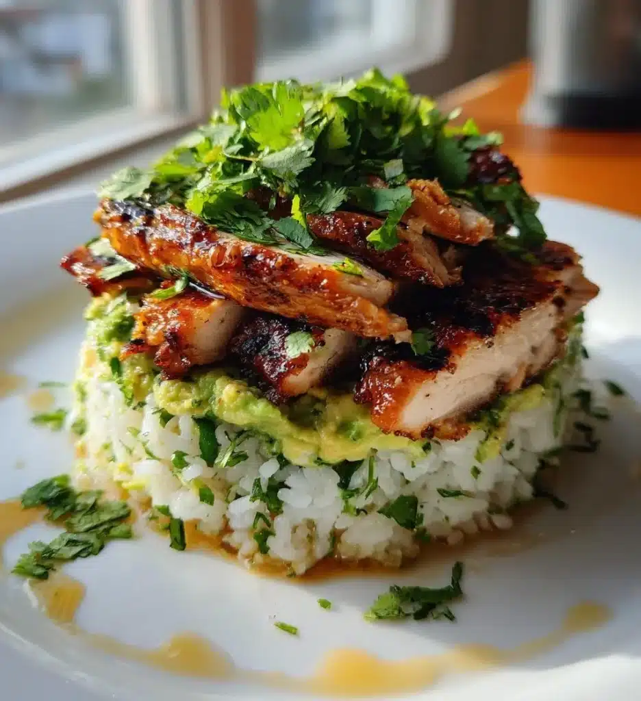 Honey Lime Chicken and Avocado Rice Stack served in a bowl