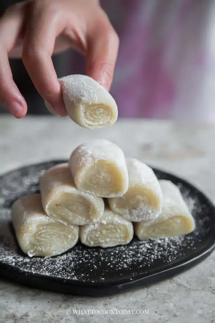 Hong Kong banana mochi rolls filled with real bananas, an Asian dessert delight