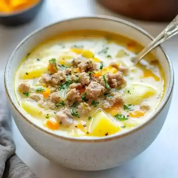A bowl of hearty sausage potato soup garnished with herbs