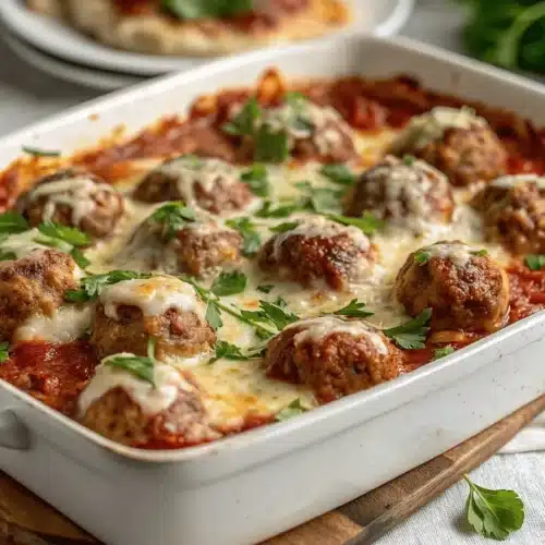 Keto Meatball Parmesan Casserole: A Low-Carb Comfort Food Favorite 2 Keto Meatball Parmesan Casserole topped with melted cheese and fresh parsley