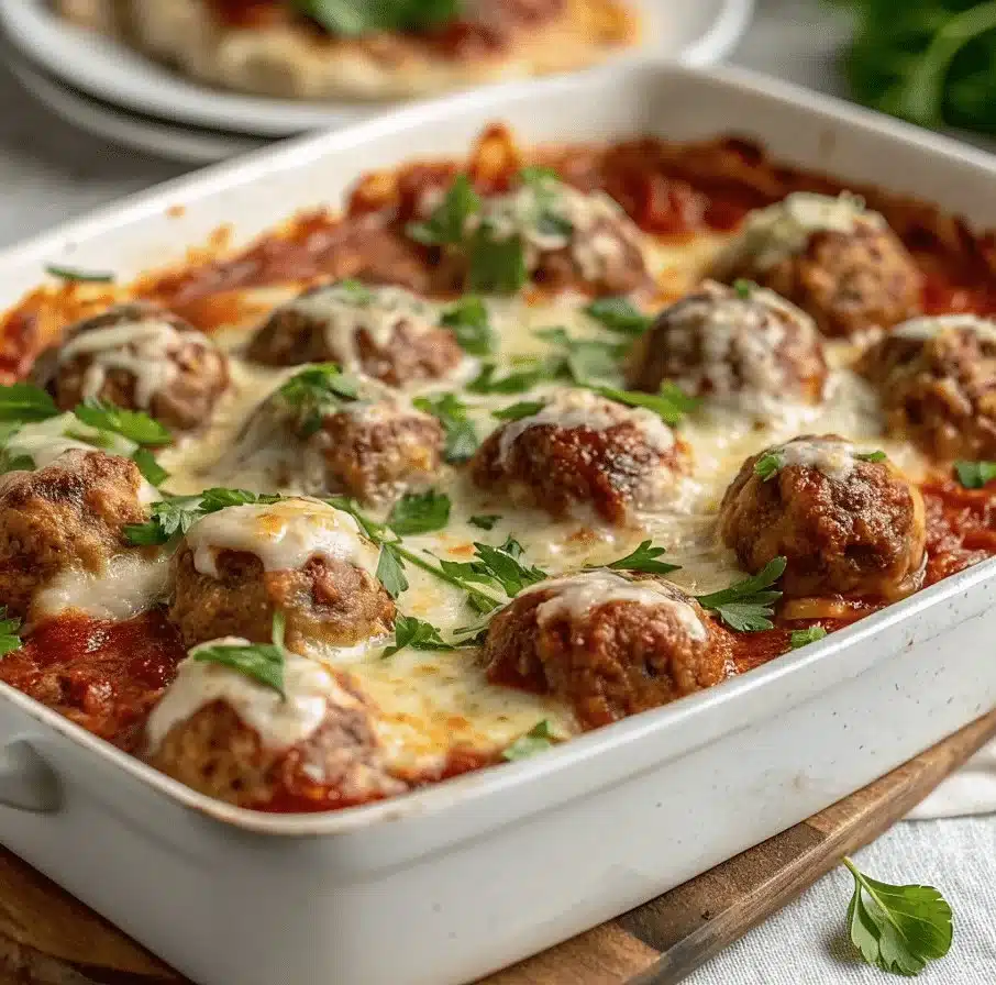 Keto Meatball Parmesan Casserole: A Low-Carb Comfort Food Favorite 1 Keto Meatball Parmesan Casserole topped with melted cheese and fresh parsley