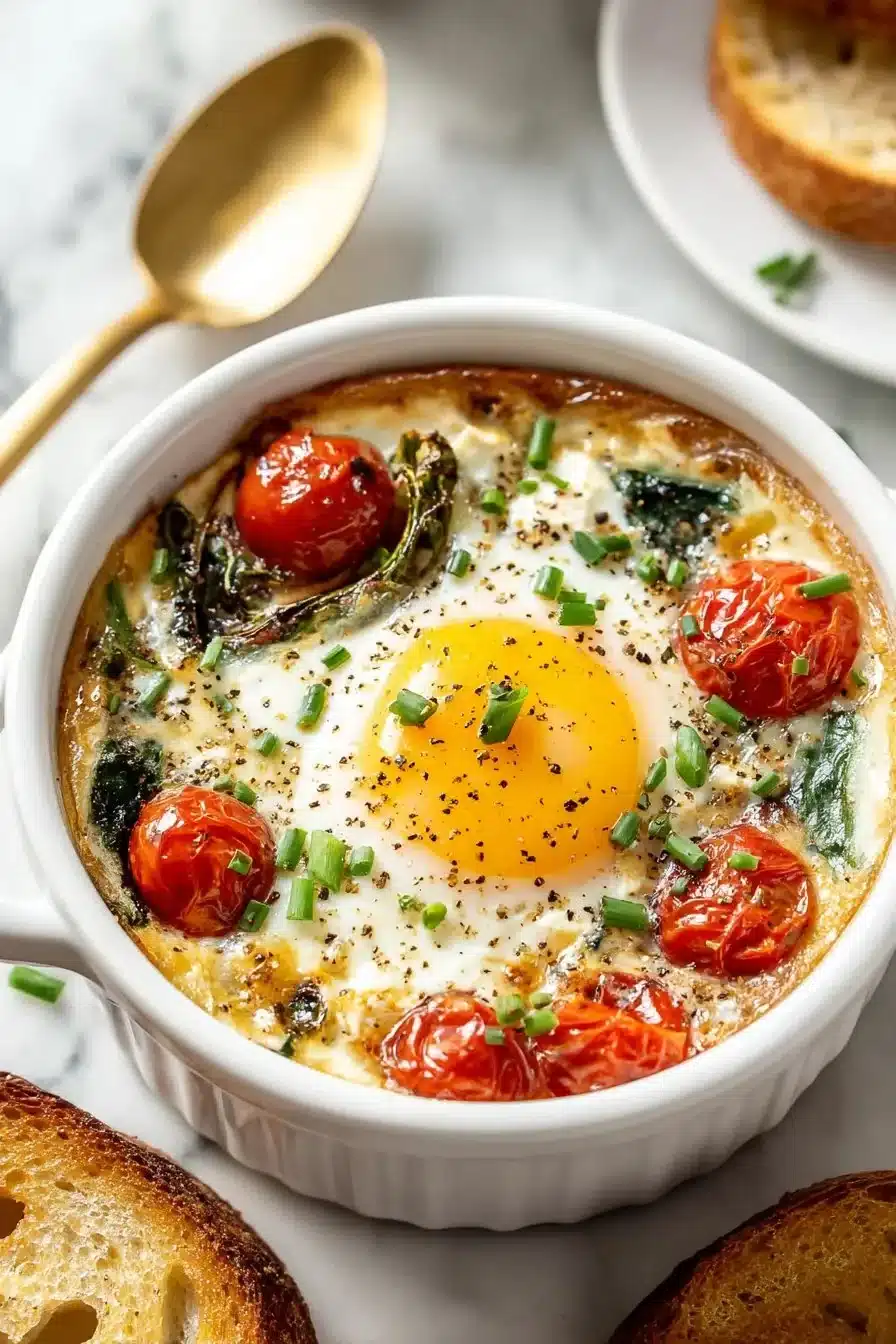 Mediterranean Baked Feta Eggs 1 Mediterranean baked feta eggs served with herbs and tomatoes.