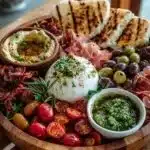 Mediterranean Burrata Board with creamy burrata, fresh vegetables, and bread