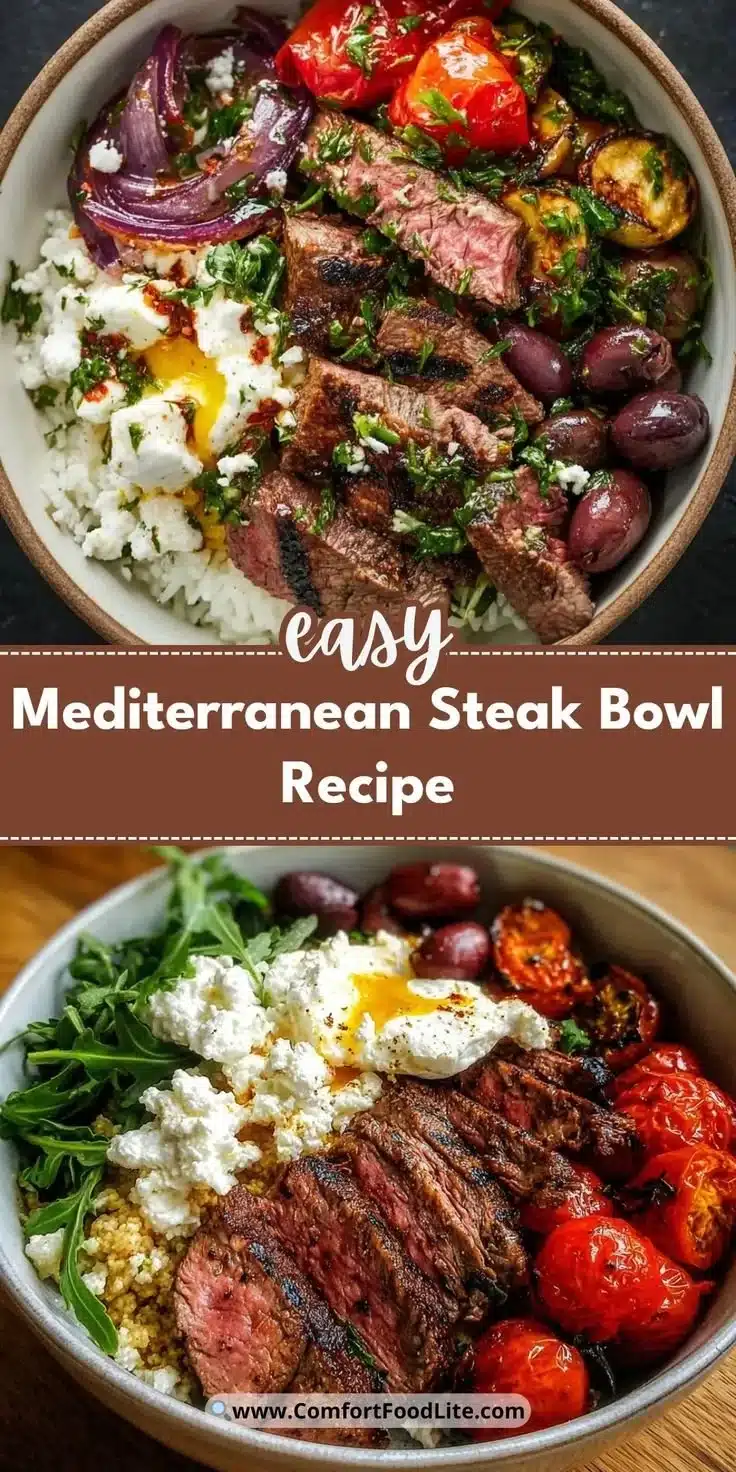 Mediterranean steak bowl with fresh vegetables and herbs