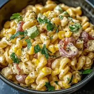 Mexican Street Corn Pasta Salad 2 Colorful Mexican street corn pasta salad with fresh ingredients and bright flavors.