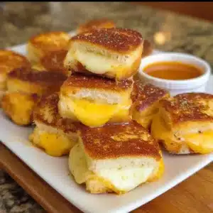 Mini grilled cheese Hawaiian rolls on a wooden platter ready to be served.