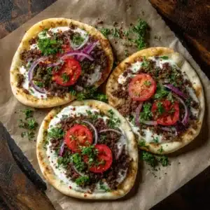 Mini Lahmacun with Yogurt Sauce & Fresh Vegetables 2 Mini Lahmacun served with yogurt sauce and fresh vegetables on a plate