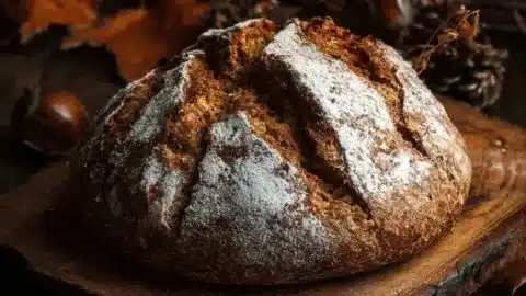 Loaf of homemade Molasses Brown Soda Bread on a wooden cutting board.