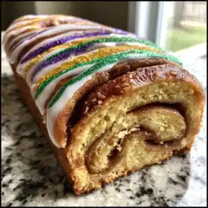 New Orleans Style King Cake with Cinnamon Swirl 2 New Orleans-style King Cake with cinnamon swirl, colorful icing, and Mardi Gras decorations.