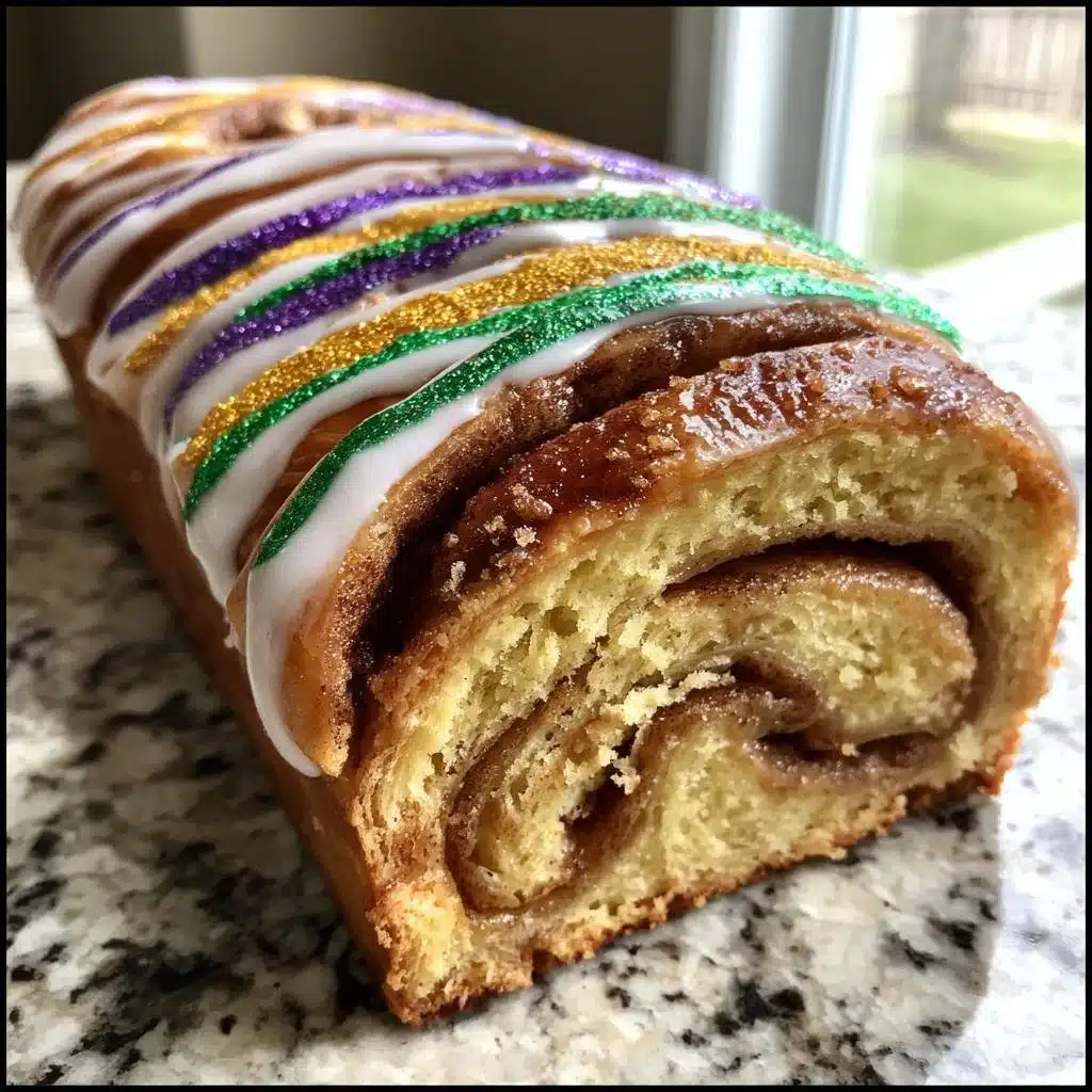 New Orleans Style King Cake with Cinnamon Swirl 1 New Orleans-style King Cake with cinnamon swirl, colorful icing, and Mardi Gras decorations.