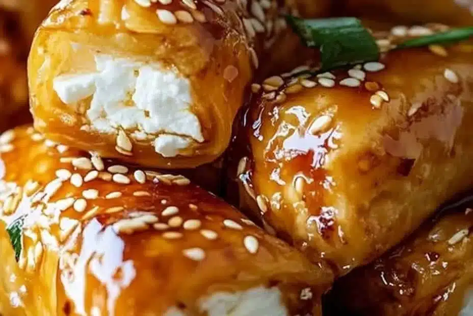 Oven Fried Feta Rolls with Chili Honey: An Incredible 7-Step Recipe 1 Oven fried feta rolls drizzled with chili honey, served on a plate